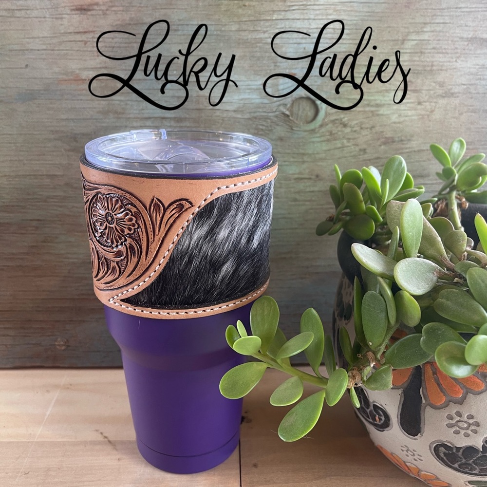 30oz Insulated Western Stamped & Hide Leather Sleeve Tumbler Handmade
